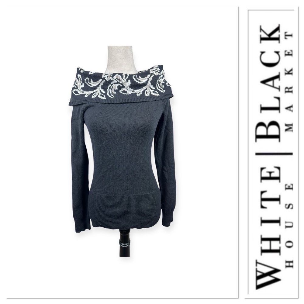 White House Black Market off the shoulder black scroll print sweater Xsmall